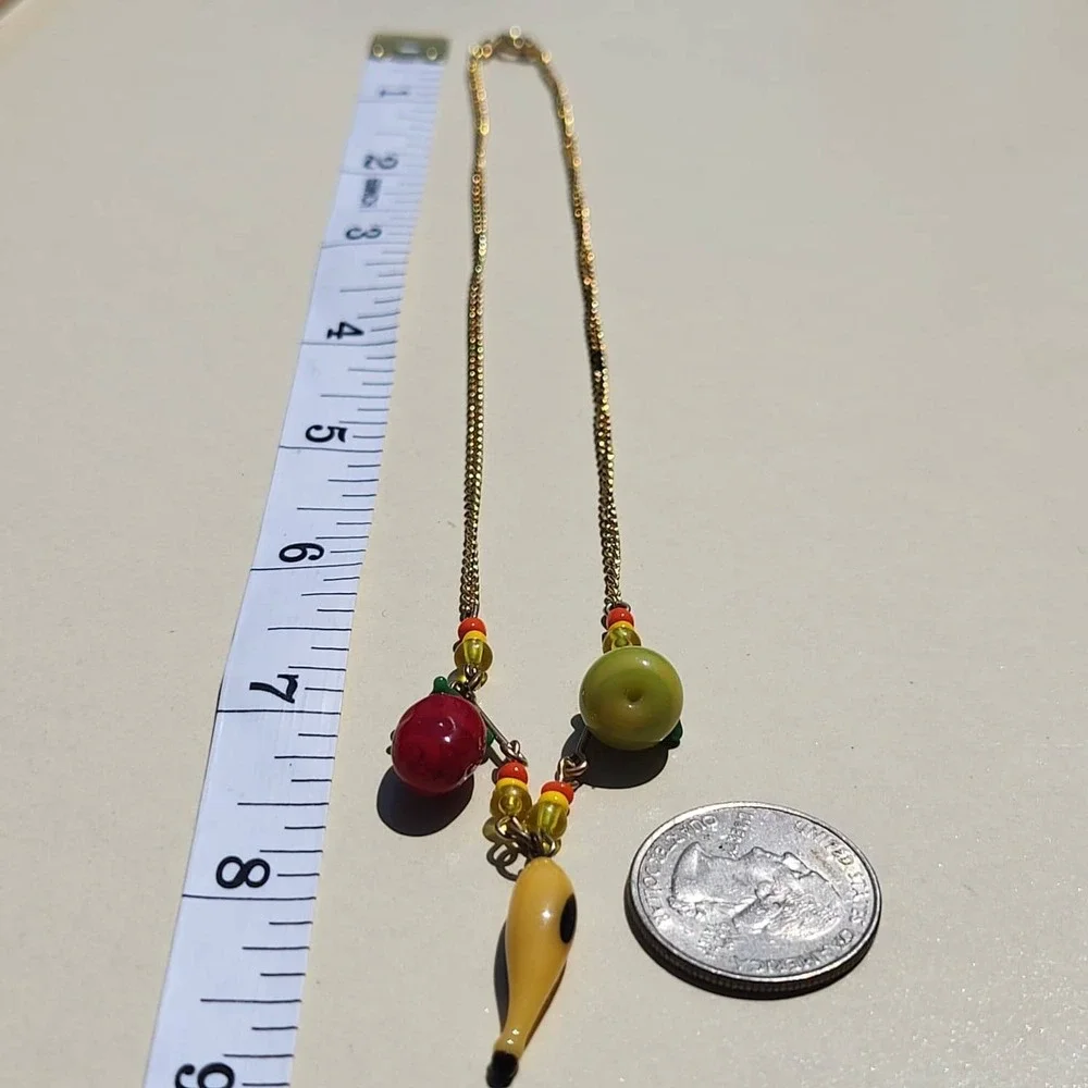 Vintage Glass Bead Fruit Necklace Gold Tone Banana Apple Charms